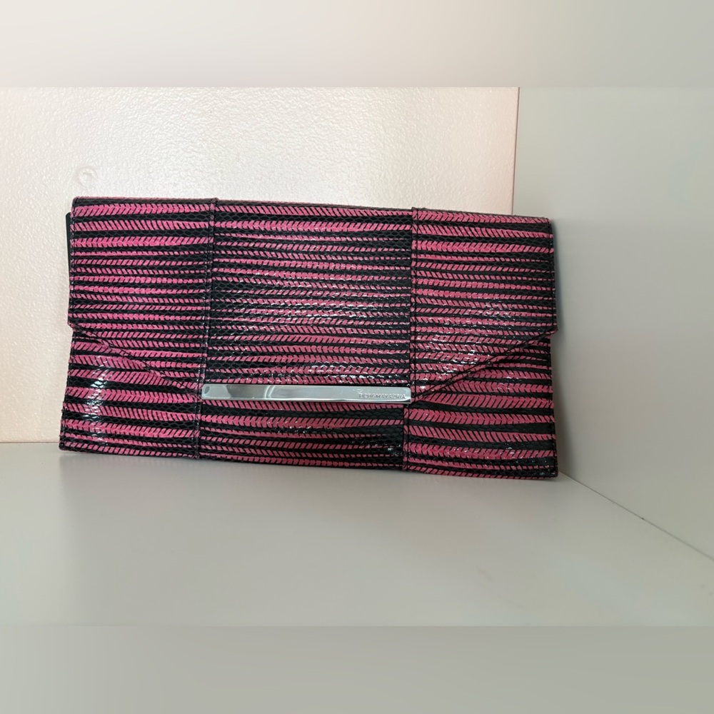 BCBGMaxazria Pink & Black Striped Clutch inside pockets with zipper. Very soft